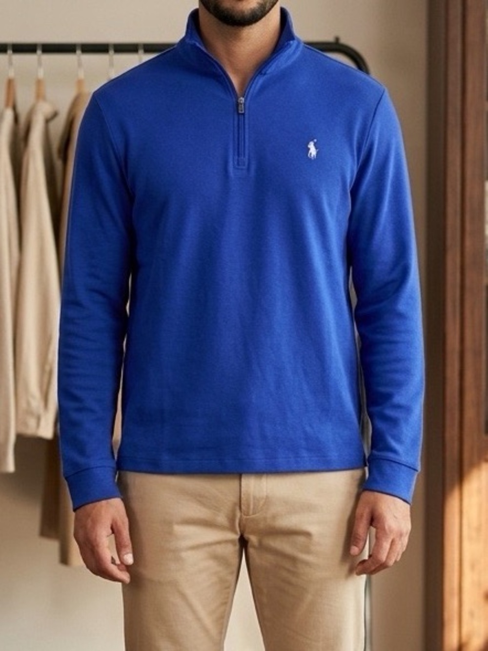 Ralph Lauren Polo Men's Qtr Zip - 100% Pima Cotton-‎ Vivid Blue - Size Large